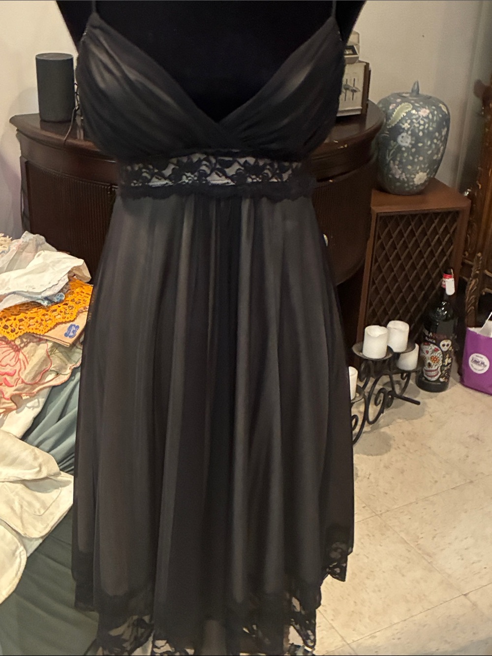 Forever 21 Black Chiffon Lace-Trim Chemise
